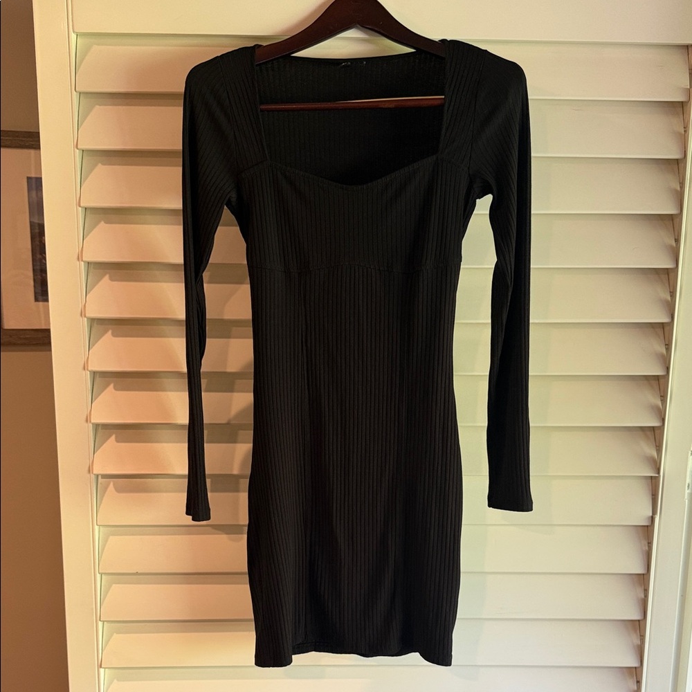 Divided Black Long Sleeve Ribbed Dress